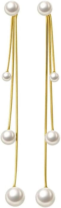 Boucles d'Oreilles Femme Argent 925 Créoles Perle Pendantes plaquées Or Longues Boucle d Oreille Perles Blanches Hypoallergénique Cadeau Bijoux d'Anniversaire