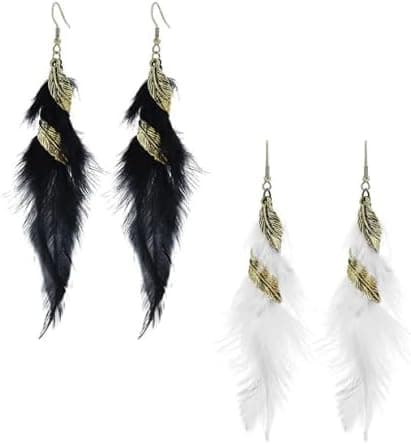 Boucles d'oreilles bohémiennes femme en plumes colorées, longues et élégantes, parfaites pour les tenues indiennes, mariage, anniversaire, et soirées - Taille 14 cm, Noir et Blanc, légères et con