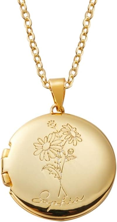 Générique Collier Personnalisé Photo, Pendentif de Médaillon Photo Gravé de Nom et Fleur de Naissance, Argent sterling/Laiton Bijoux Cadeau pour Femme