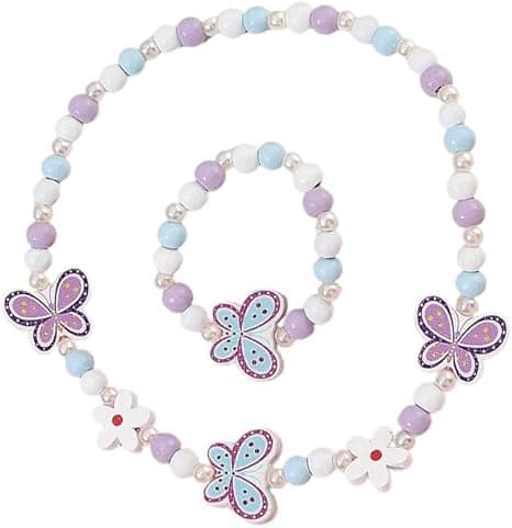 Parure de bijoux 2 pièces pour enfants - Collier et bracelet en bois avec motif papillon - Bijoux élastiques pour enfants - Accessoires colorés pour anniversaire, fête, déguisement et cadeau