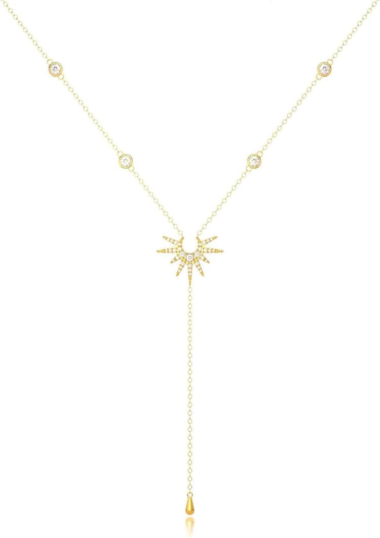 Chaîne longue en Y, Collier multi-rangs or 14 carats, Chaîne longue élégante, longueélégante/avec pendentif en forme de soleil, pour femmes/Ensemble de chaînes/Bijoux simples