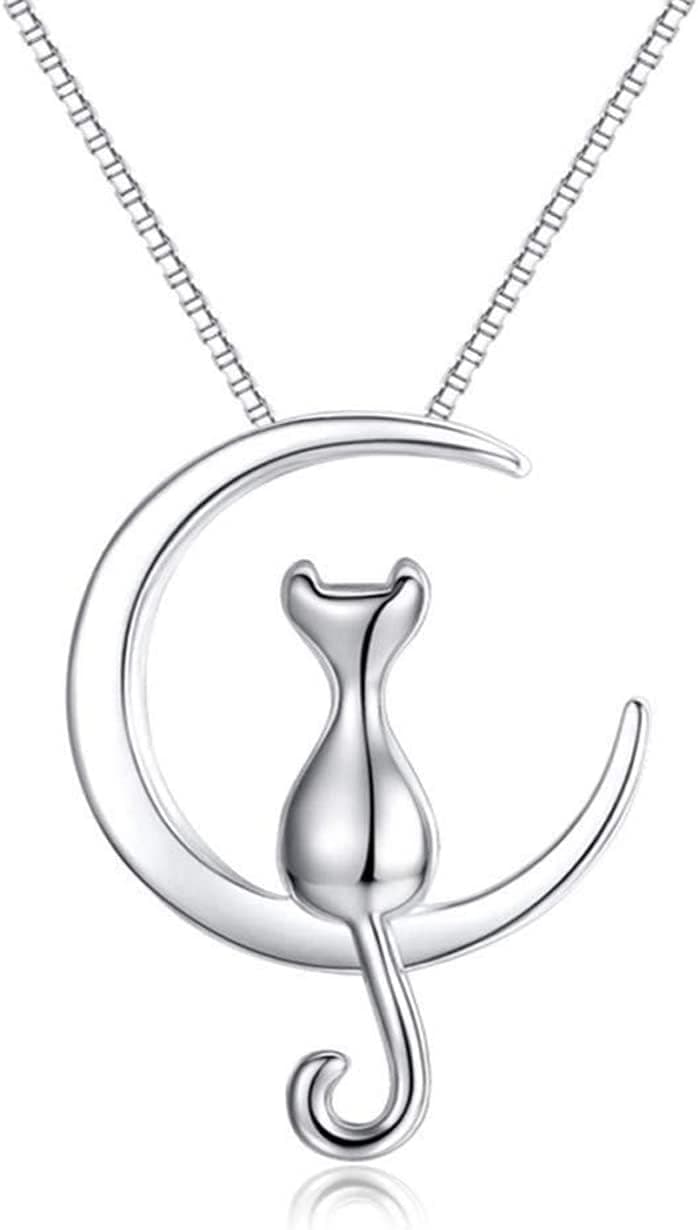Collier Chat Argent 925, Pendentif en forme de croissant de lune et chat, Bijoux pour Femmes avec Collier en argent sterling