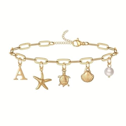 bracelet doré breloque coquillage, perles blanches, etoile de mer- bracelet personnalisé avec lettre-bracelet multi charms- bracelet gros maillons-bracelet tendance -chaine rectangle