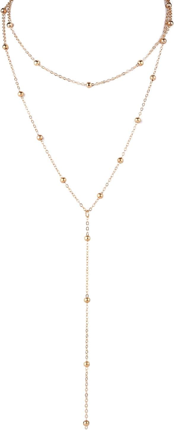 Collier Long Superposé pour Femme, Tendance en Forme de Y Colliers Lariat Simple Collier Pendentif Chaîne Perlée Cadeau de Bijoux Tendance (Or)