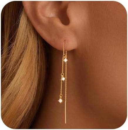 Boucles D'oreilles Pendantes Chaîne Longue Zircon Cubique Bijoux Femme Plaqué Or 14k Hypoallergénique Élégantes