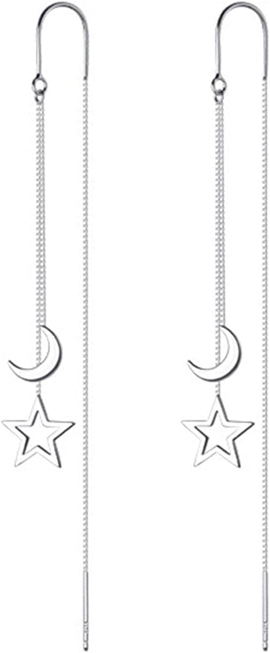 Boucles d'oreilles pendantes avec chaîne vers le haut et vers le bas, boucles d'oreilles pendantes en argent 925, longues boucles d'oreilles pendantes en cristal d'étoile, lune, boucles d'oreilles