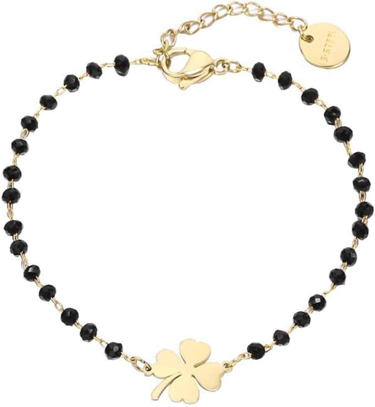 1 Pcs Bracelet à breloques trèfle porte-bonheur en acier inoxydable avec perles noires et bracelet à breloques porte-bonheur simple (or)