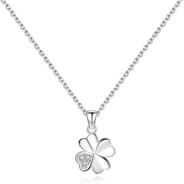 Collier et pendentif femme fille en argent 925 le trèfle orné zircon collier, collier pendentif trèfle à quatre feuilles, Collier pendentif en cristal en forme,Livré avec 1 coffret cadeau