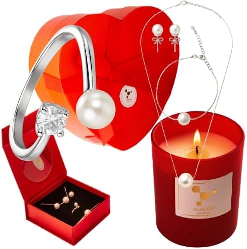 cadeau saint valentin femme - coffret cadeau pour ma femme : Boîte avec miroir + Bougie cire végétale Artisanale 100% Naturelle parfum francais + Un Ensamble de 4 Bijoux ajustables plaqués Argent 925