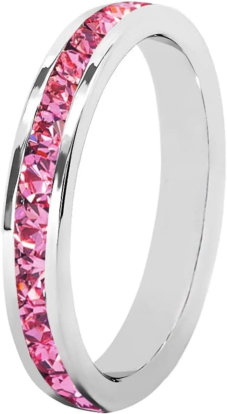 Bosvision Muses Art Design Birthstone Eternity Band Ring (Channel Set/Full Round), Stackable Fashion Ring with Crystal Birthstone