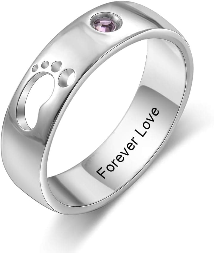 Personnalisé Bague Argent Bébé Pied Bague avec Nom et Pierre de Naissance Gravure Mère Fille Femme Cadeaux pour la Saint Valentin Anniversaire de la Mère