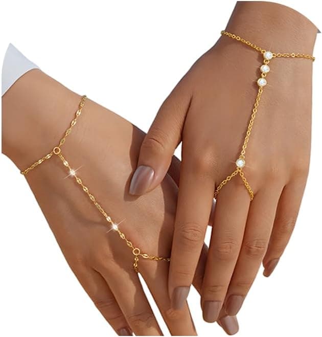 YEEZII Gold Hand Chain Bracelets for Women, 2 Pcs 14k Gold Plated Cubic Zirconia Link Chain Bracelet Set, Trendy ring bracelet hand chain Jewelry for Her