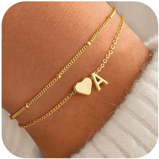 M MOOHAM Easter Basket Stuffers Gifts for Kids Teens Girls - Initial Bracelet Dainty 14K Gold Plated Heart Initial Letter A-Z Bracelets for Women, Layered Link Charm Bracelets Easter Gifts for Women