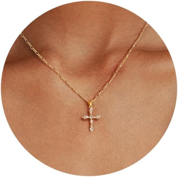 Cross Necklace for Women,Double Cross Necklace 14K Gold Plated Cross Pendant Necklace Dainty Gold Cross Necklaces for Women Trendy Small Cross Charm Necklace Simple Cute Choker Necklaces Gold Jewery