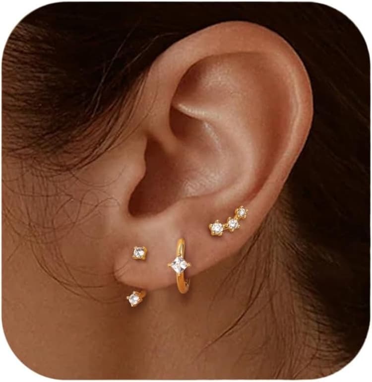 JeweBella 3 Paires Boucles d'oreilles Argent 925 pour Femme Plaquée Or 14 Carats Petites Clou d'Oreilles Mini Boucles d'Oreilles Créoles pour Plusieurs Piercings Oreille Cartilage