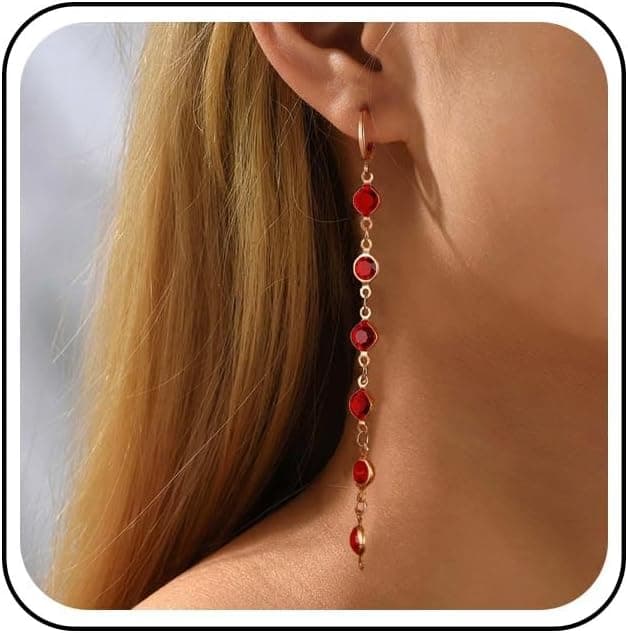 Boucles D'oreilles Longues Rubis Strass Pendantes Boucles D'oreilles Longues Chaîne Cristal Cz Mariage Rubis Huggie Hoop Studs Bijoux Pour Femmes