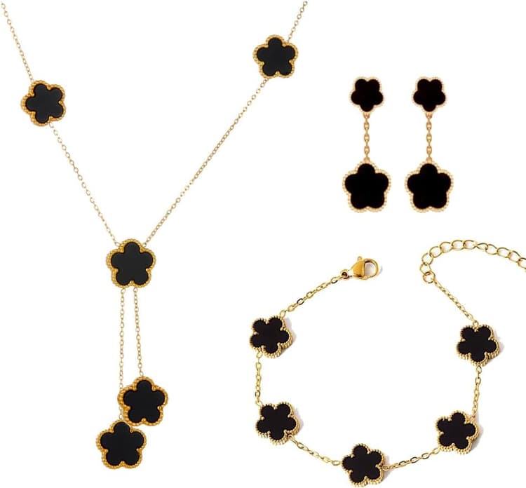 Bijoux Trèfle À Quatre Feuilles Set Bijoux Parure Plaqué Or 18 Carats Quatre Feuilles Collier Boucles d’oreilles Bracel Pour Femme Filles De Mariage