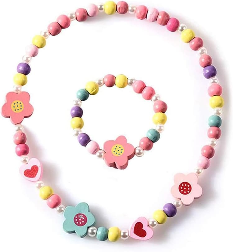 Lot de 2 bijoux pour fille, bracelets pour fille, ensemble de bijoux en bois, collier et bracelet coloré, cadeau d'anniversaire, fêtes et accessoires de costume(fleur 2)