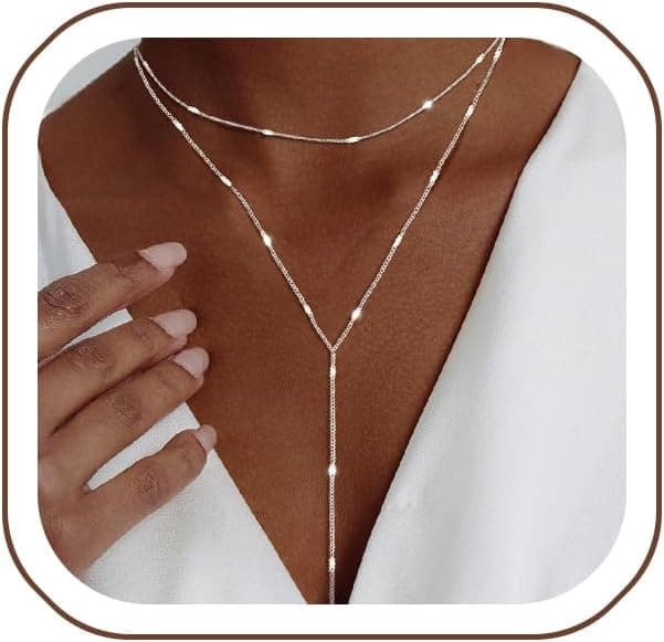 Luxval Lariat Silver Necklace for Women, Dainty Long Necklace Silver Y-Shaped Pendant Necklaces Trendy Beaded Chain Drop Necklaces Jewelry for Women Gifts
