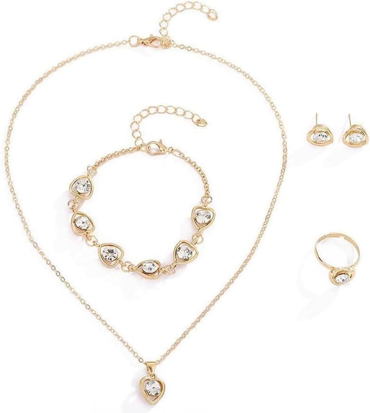 Ensemble de Bijoux, Parure Bijoux Femme, Parure Cœur Pêche, Collier, Boucles d'Oreilles, Bracelet, Bague, Cadeau de Noël, Cadeau de Saint-Valentin, Cadeau d'Anniversaire (Diamants Blancs)