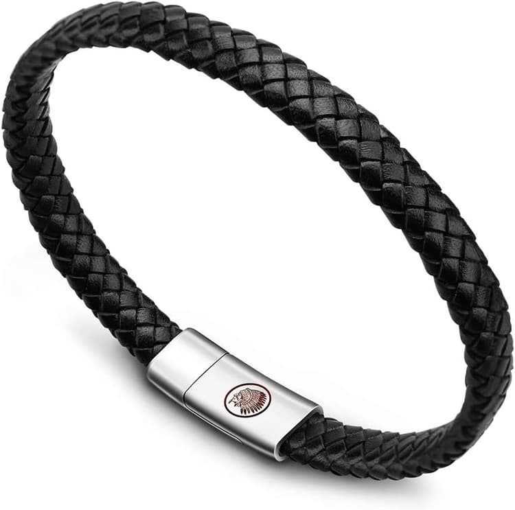 Casisto.J Bracelet Homme - Bracelet Cuir Homme Manchette tressé à la Main Classique Noir et Brun avec Fermoir magnétique gravé Cadeau Bijoux Gratuit en boîte