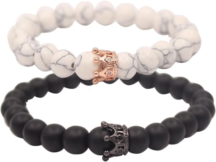 UEUC Distance Couple Bracelet avec CZ Crown King & Queen Noir Mat Agate & White howlite 8 mm Bracelet Perles