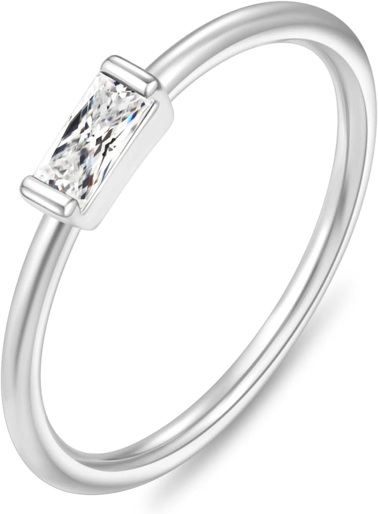 RLMOON Birthstone Rings for Women Non Tarnish Gold Stackable Rings Dainty 14K Gold/Silver Plated Baguette CZ Emerald Green Pinky Ring Personalized Jewelry Gift for Birthday Size 4-10