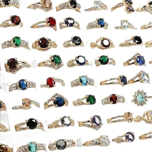 50PCS Fashion Wholesale Lots,Bulk Rings Colorful Rhinestone Ring for Boutique Resale (50PCS OPP Bag)