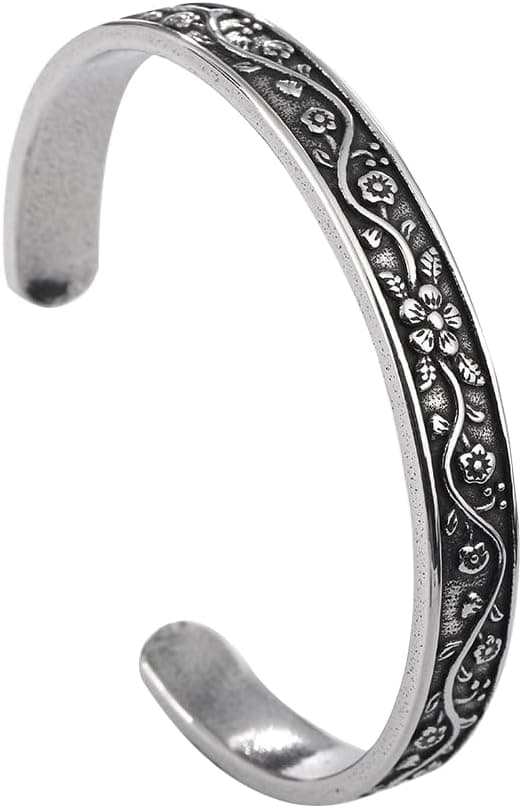 YWMAN Vintage Floral Cuff Bracelet, Stainless Steel Flower Bangle Bracelets for Women