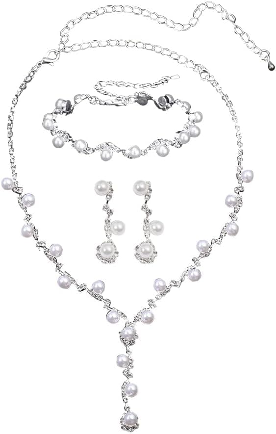 Ensemble de bijoux de mariage en argent Perle Parure Boucles d'oreilles Collier Bracelet Strass Boucle d'oreille Mariée Soirée Fleur Feuille Pendentif pour Femme et Fille