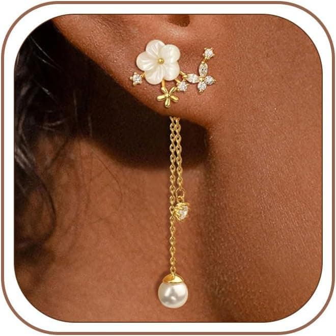 Boucles d'oreilles Femme Pendantes en Fleurs Perle Argent/Plaquée Or 14 Carats Hypoallergénique Longues Fleurs Nœud Papillon Clous d'oreilles Zirconium Bijoux Cadeau