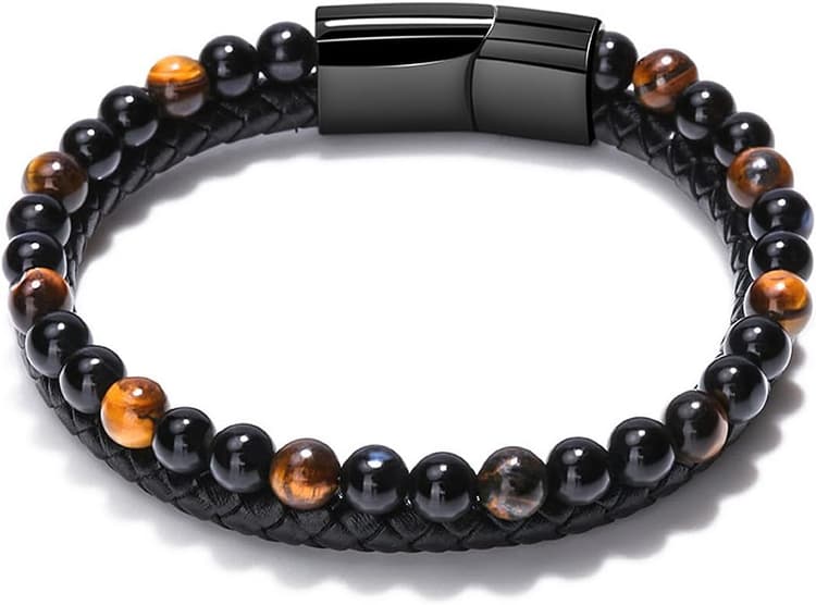 bracelet noir en cuir de haute qualité pour hommes, fermoir magnétique en acier inoxydable bracelet, excellent cadeau.