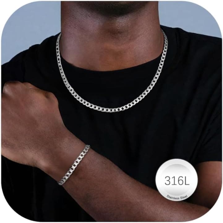 LOLIAS Chaîne Collier Gourmette Homme en Acier Inoxydable Chaîne Mail Gourmette de 5mm/9mm, Longeur de 46/51/55cm Argent Collier et Bracelet pour Homme