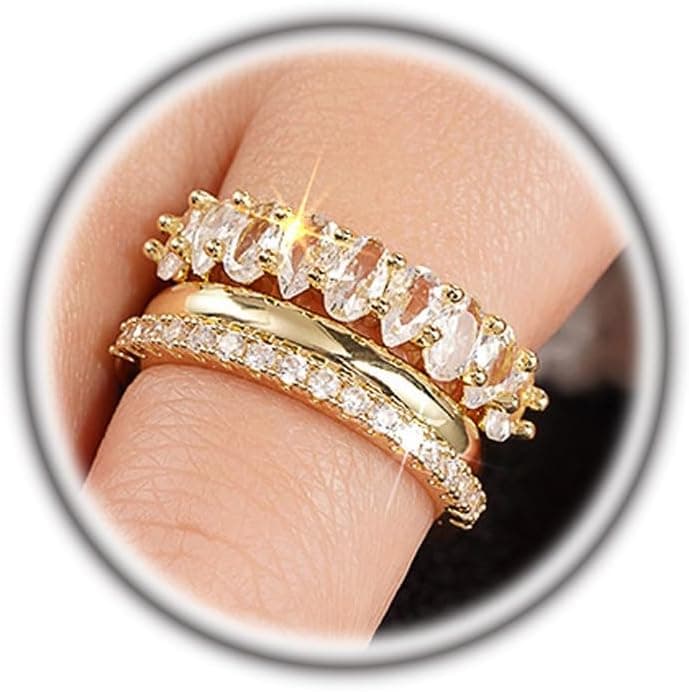 Rrdaily 14k Gold Stackable Rhinestone Statement Ring Set for Women,Multi-Layer Cubic Zirconia Thumb Ring Set,Chunky Delicate Ring Set Engagement Wedding Gift
