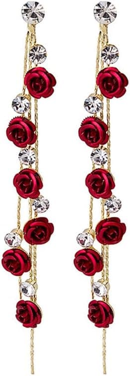 TOFBS Boucles d'Oreilles Femme Argent 925 Boucles d'oreilles Rose Pétale Longues Pendantes Boucles d'Oreilles avec Zircon Élégant Fantaisie Déclaration Cadeau Pour Femmes Filles Mariage