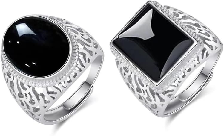 2 Pièces Bague En Acier Inoxydable Homme Agate Noir Imitation Incrusté Bague D'amitié Pour Homme Idées Cadeaux
