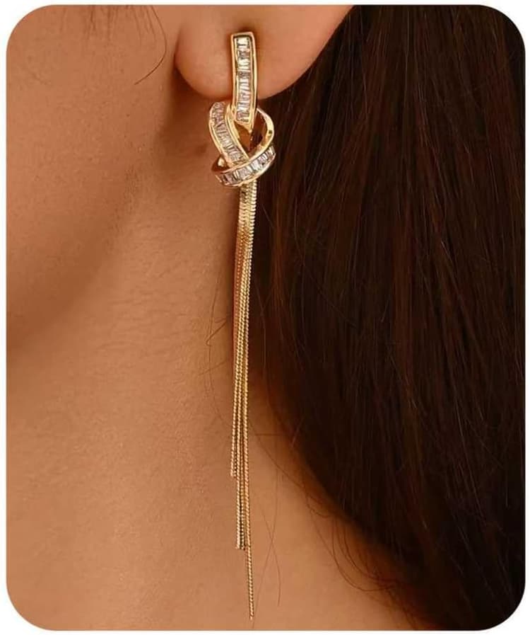 18K Gold/Silver Plated Dangle Earrings for Women Sparkly Rhinestone Long Tassel Dangle Earrings Dainty Long Hanging Chain Earrings Wedding Party Prom Earrings