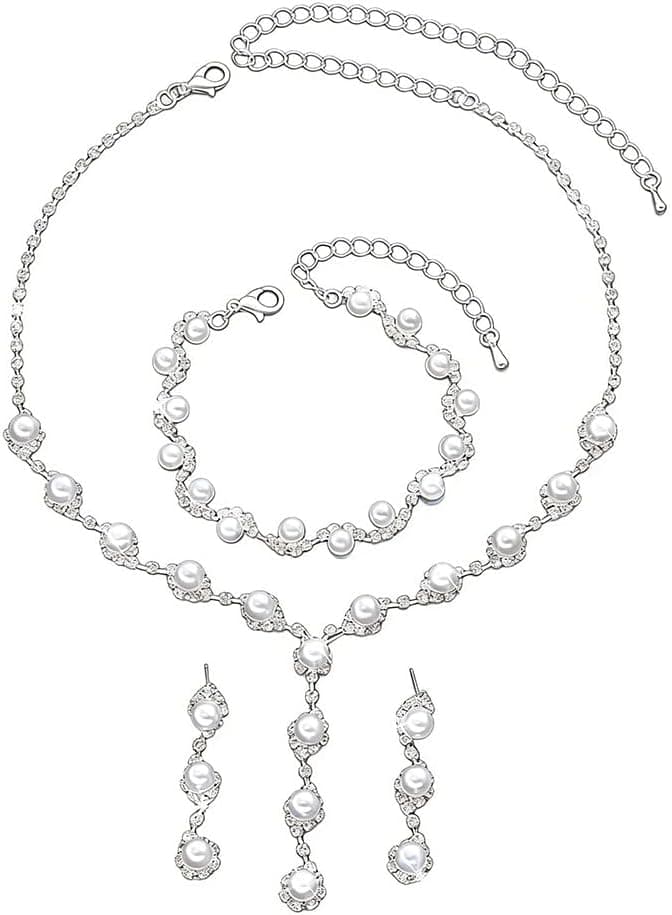 Parure Bijoux Femme Élégante Perles et Strass Collier Bracelet et Boucles d'Oreilles Ensemble Bijoux Fantaisie pour Mariage et Soirées (Perle)