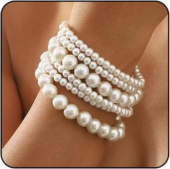 6 pièces bracelet en perles, bracelet en perles blanches pour femmes, ensemble de bracelets en perles fait à la main, bracelet en perles rondes extensible