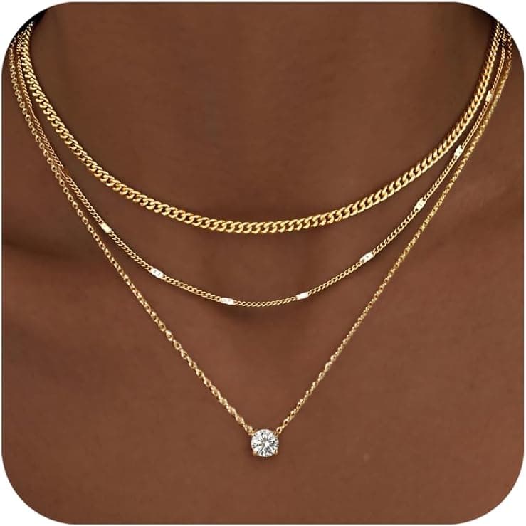 WomenGifts Layered Gold Necklaces for Women, 14K Gold Sterling Silver Plated Dainty Pendant Necklace Set with Cubic Zirconia Circle, Chunky Stackable Cuban Chain Choker, Trendy Personalized Birthstone Jewelry Gift Non Tarnish