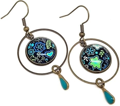 Boucles d Oreilles Pendantes Femme Cabochon Verre Bronze Fleurs Bleu Vert Anis Bijou Bohème Cercle Pampille Turquoise Cadeau Femme