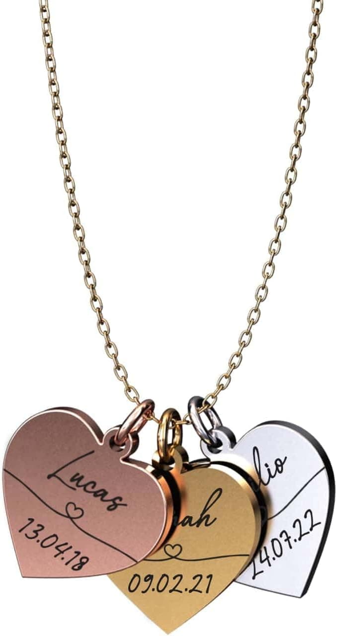 Generisch Collier personnalisé avec gravure | Cœurs avec nom et dates de naissance des enfants | Cadeau maman | Or, argent, or rose | Acier inoxydable étanche | Fabriqué en Allemagne