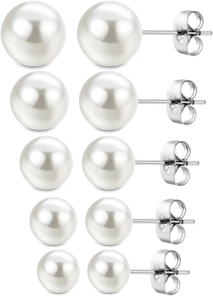 5 Paires Boucles d'oreilles Perles d'argent, Boucle d'oreille Clous d'oreilles Ronde Perle, Bijou Fantaisie pour Femmes