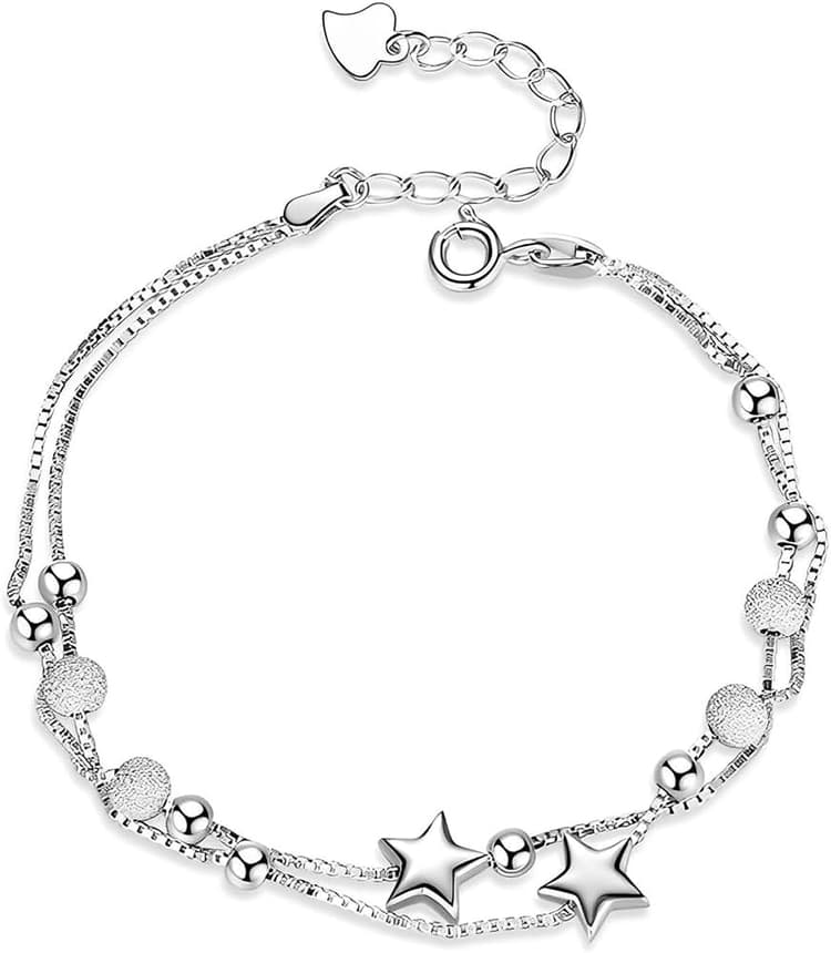 Bracelet Argent Femme, 2 en 1 Bracelet Etoile Perle Réglable, Double Argent Fin pour Ado, Bijoux Cadeau Anniversaire, Bracelet Fille 12 Ans.