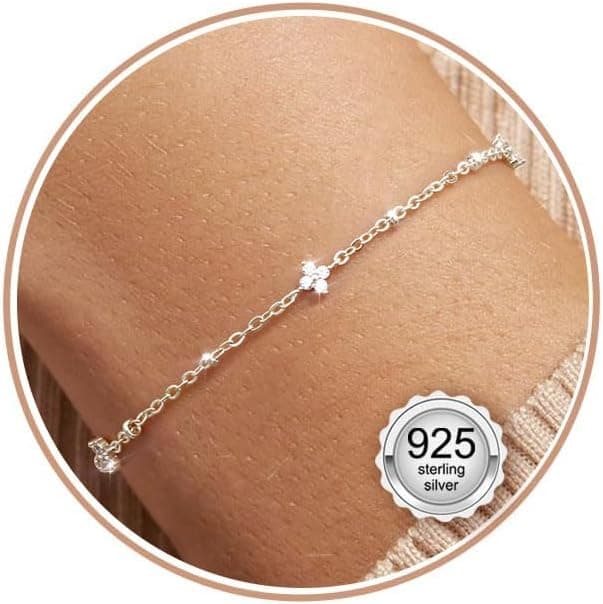 LOLIAS Bracelets Femme Argent 925 en Trefle à 4 Feuilles Réglable Bracelet Plaqué Or 14K Perle/Boules Bracelet Bijoux Cadeau pour Femmes File Argent/Or/Or Rose 16cm+5cm