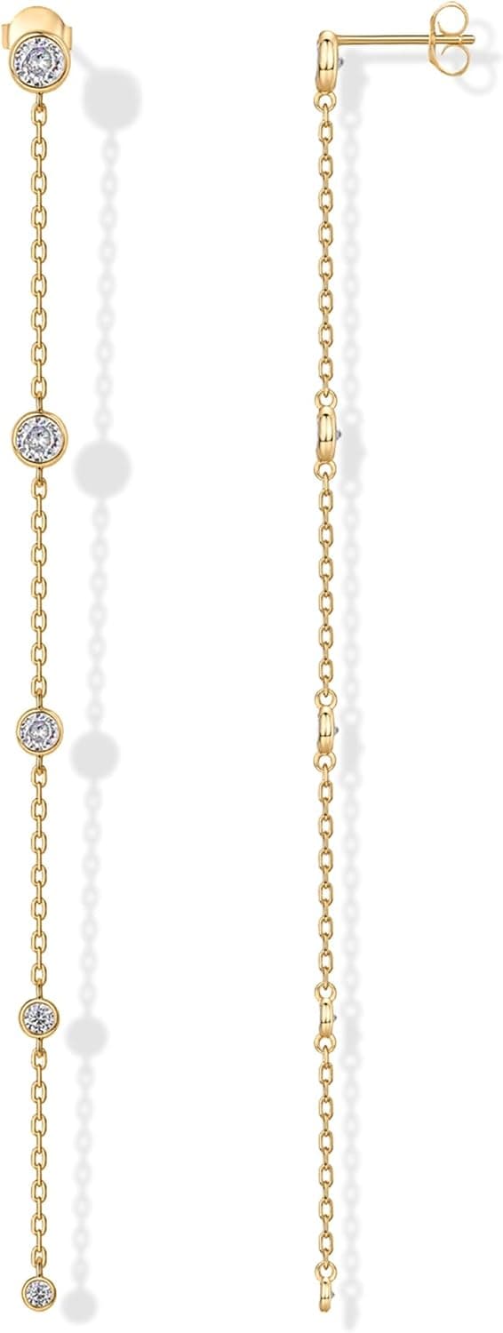 PAVOI 14K Gold Plated 925 Sterling Silver Posts Station Linear Dangle Earrings for Women | Simulated Diamond Chain Drop Earrings