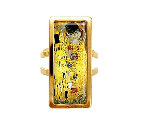 Bague rectangle le baiser gustave Klimt cabochon bijou fantaisie acier inoxydable jaune