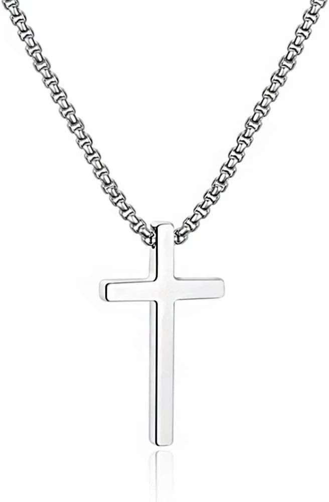 M MOOHAM Cross Necklace for Men Teen Boys, Silver Black Gold Stainless Steel Plain Cross Pendant Necklace Box Chain 16-30 Inch