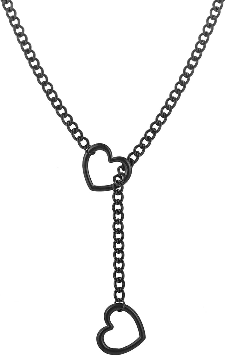 sroyte Heart Slip Chain Necklaces for Women,Stainless Steel O-Ring Adjustable Lariat Y-Necklace,Punk Gothic Cuban Collar Choker Necklace for women