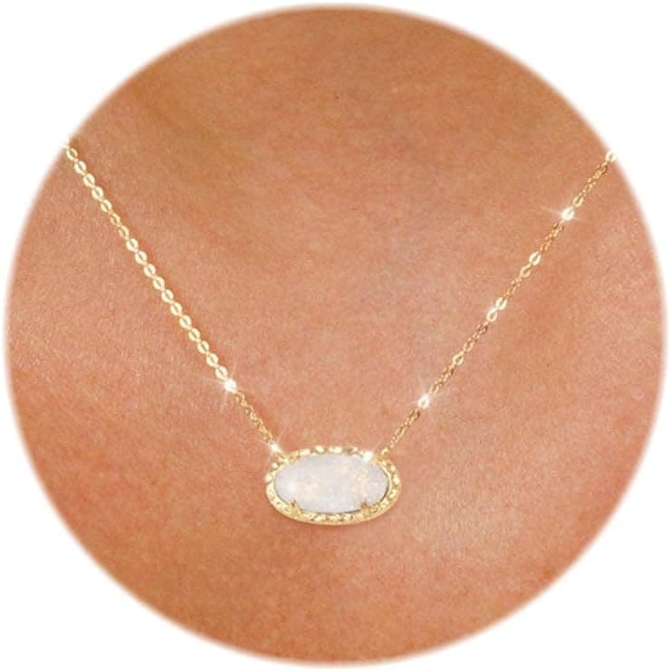 TLY Gold Necklace for Women 14k Gold Plated Dainty Oval Pendant Necklace Red Rose Quartz Druzy Stone Black Emerald Green Blue Choker Necklace Birthday Wedding Bridesmaid Prom Necklace Valentines Day Jewelry gifts